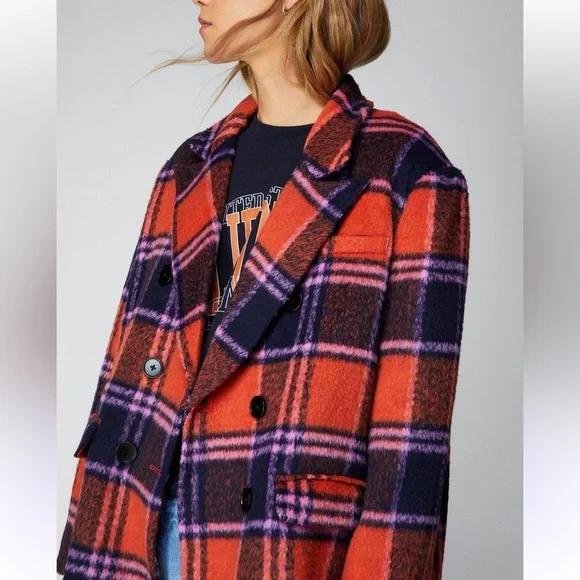 Nasty Gal Premium Plaid Double-Breasted Wool Look Coat Orange & Purple Size 16 - Picture 4 of 17